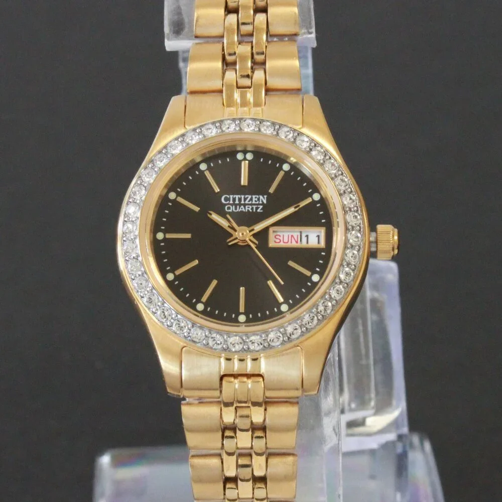Citizen Ladies Classic Quartz Watch Crystal Bezel Gold Toone Black Dial 26mm - Picture 6 of 13